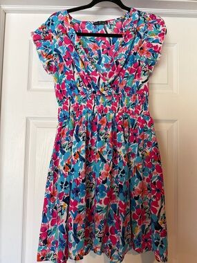 SHEIN Pink Blue Floral Smocked Waist Casual Sundress